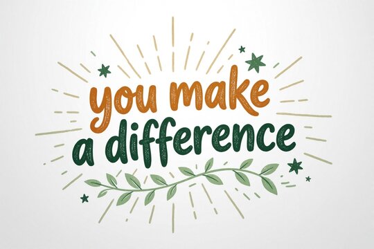 Handwritten phrase You Make A Difference with leafy vine. Inspirational graphic text art with vintage style stars and rays, creative positive message for motivation and support.
