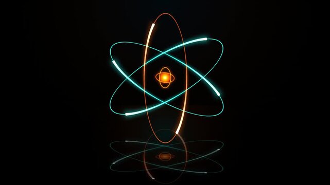 Glowing atomic model with orbiting electrons and nucleus in dark background science technology