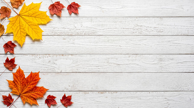 Autumn Maple Leaves on White Wooden Background, Fall Season Flat Lay Frame with Blank Copy Space