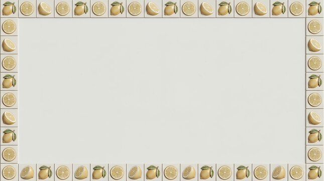 Hand-painted ceramic tile lemon frame with vibrant citrus border and clean copy space background designed for a professional restaurant menu