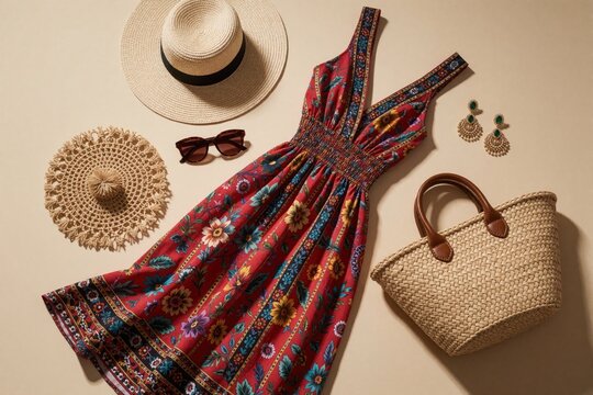 Red floral print maxi dress outfit with straw hat sunglasses and woven bag. Bohemian style summer vacation flat lay includes earrings and decorative mat.
