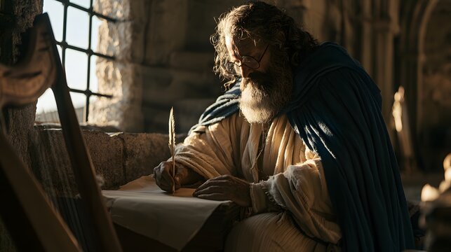 Elderly biblical scholar writing with a quill pen on parchment in a sunlit stone room with a harp