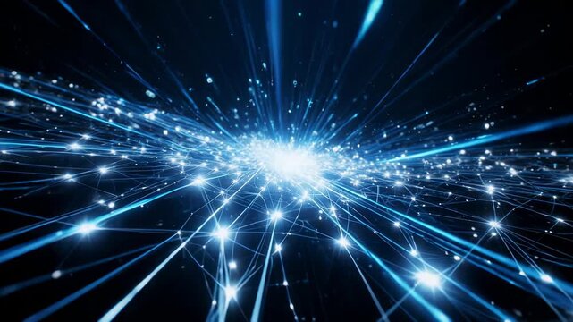Blue light particles expanding outwards from a central point during a digital network expansion concept
