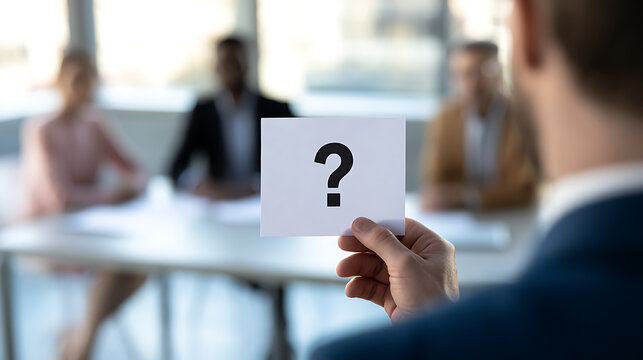 Business professional hold paper note with question mark symbol during job interview meeting with team panel in modern office workspace board