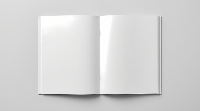 Open blank book with empty pages spread out flat for layout design and creative print display showcasing professional brochure literature content ready for custom text placement and artistic
