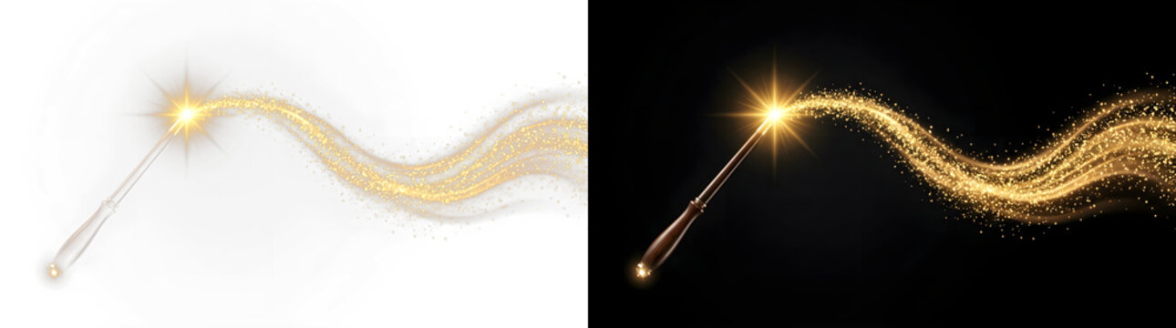Magic wand with golden sparkle trail. Glowing light effect isolated on transparent background
