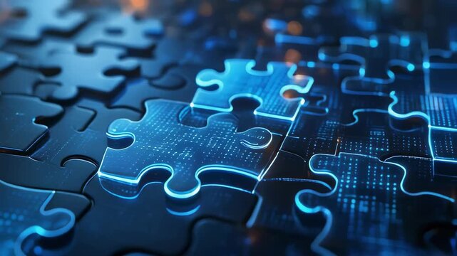 Blue puzzle pieces fitting together in darkness with orange bokeh for concept of solutions