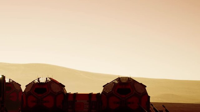 A futuristic structure stands on the surface of Mars. The sky is orange and fading into darker shades. Hills and mountains are visible in the distance. The scene captures the essence of Mars at dusk.