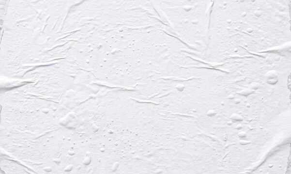 Blank White Glued Paper Texture, Wrinkled Street Poster Background, Wet Bubbled Grunge Surface for Design Mockups