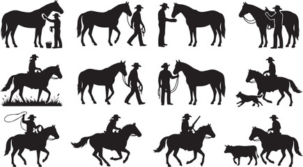 Obraz premium Black silhouette of cowboys and horses in various actions including grooming, riding, roping, and herding cattle for western projects