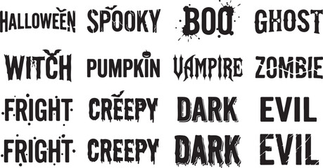Obraz premium Set of black halloween themed typography featuring spooky words like halloween, spooky, boo, ghost, witch, pumpkin, vampire, zombie, fright, and dark