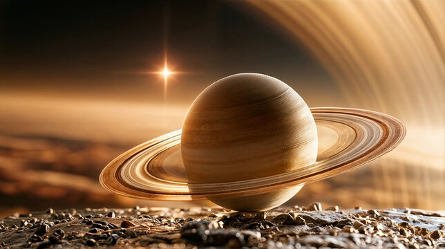 Saturn gas giant planet with ice rings hovering in methane atmosphere under distant sun. Astronomy and planetology science. 3D landscape illustration for space exploration, sci-fi background