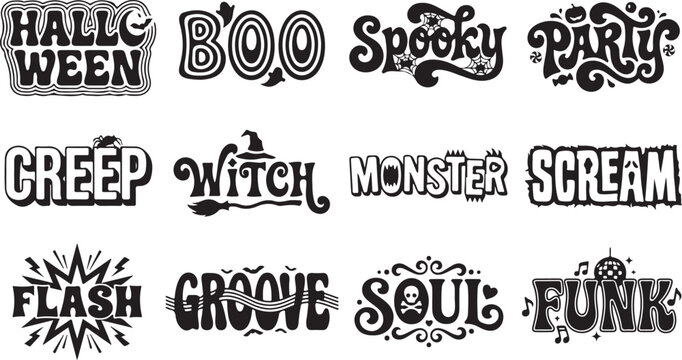 Set of black halloween typography and lettering featuring spooky words like boo, witch, monster, scream, flash, groove, soul, and funk
