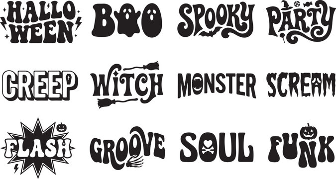 Set of black halloween typography and lettering featuring spooky words like boo, witch, monster, scream, flash, groove, soul, and funk