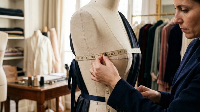 A fashion designer precisely measures the proportions of a mannequin in her studio to draft the perfect fit for a tailored black clothing piece