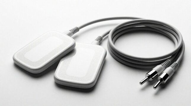 Two white electronic pads with gray cables and RCA connectors sit on a clean white surface. The coiled wire suggests connectivity for a device.