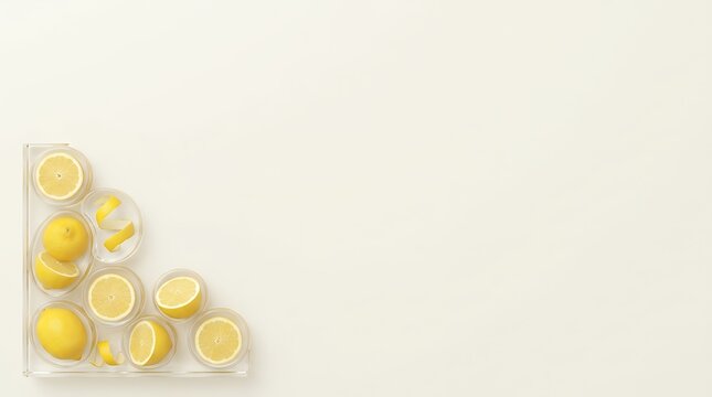 Minimalist Glass Lemon Frame with Corner Citrus Border and Copy Space Background for Wellness Campaign and Spa Promotion