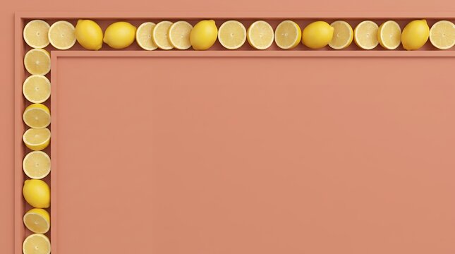 Minimalist Terracotta Lemon Frame with Trough Citrus Border and Copy Space Background for Grocery Promotion and Mediterranean Food Branding