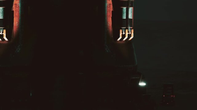 A steam engine stands in a warehouse during night hours. The setting has low light which creates shadows around the engine. Pipes and details can be seen in the dark.