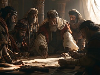 Fototapeta premium Elderly king pointing at a map with advisors in a royal court