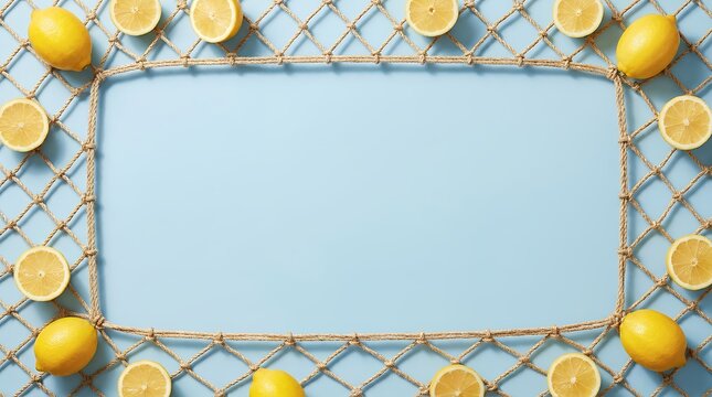 Rustic Woven Rope Lemon Frame with Summer Citrus Border and Copy Space Background for Summer Advertising and Retail Promotion