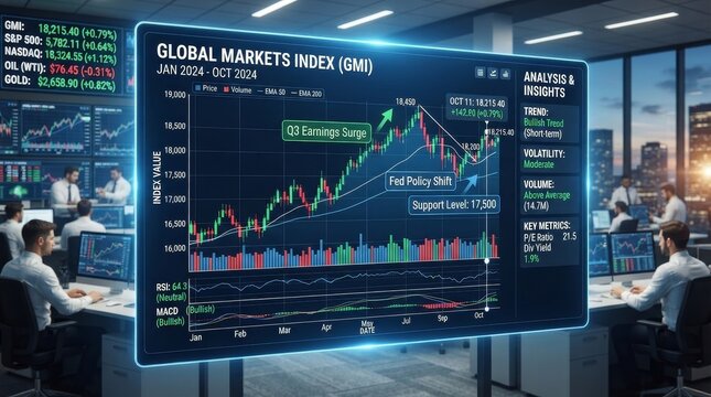 Large Video Wall Displaying Real Time Financial Market Stock Charts in Modern Trading Room