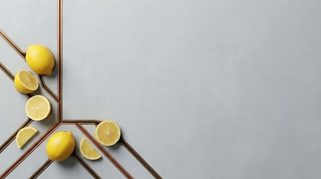 Smooth Grey Concrete Surface Ceramic Lemon Frame with Embedded Bronze Inlaid Channels Citrus Border and Copy Space Background for Skincare Advertising