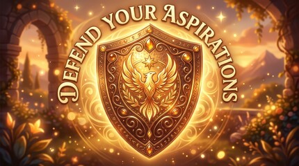 Fototapeta premium Fantasy Golden Shield with Phoenix Emblem, 'Defend Your Aspirations' Text, Magical Glowing Background with Archway and Mountains