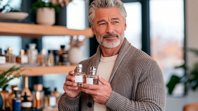 Mature man holding two perfume bottles for scent stacking, representing fragrance layering, grooming, personal style, luxury beauty and self care