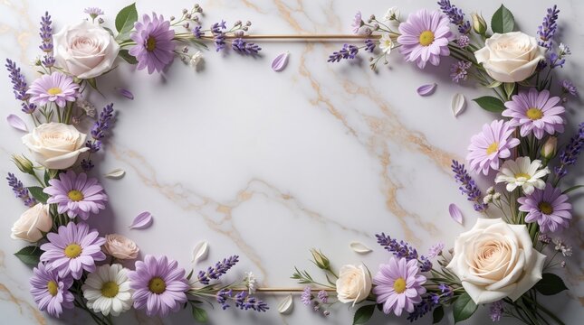 Floral frame with pastel purple daisies white roses and lavender sprigs on marble background. Soft delicate blooms border empty space for text, cards, invitations, spring decor.