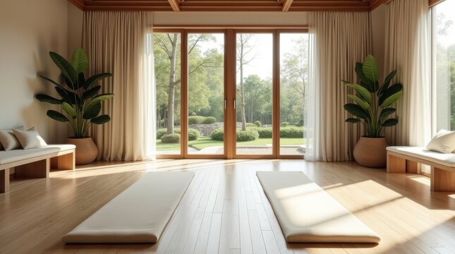 Un estudio de yoga vac&iacute;o y elegante dentro de un hotel de lujo, con amplios ventanales que dan a zonas verdes