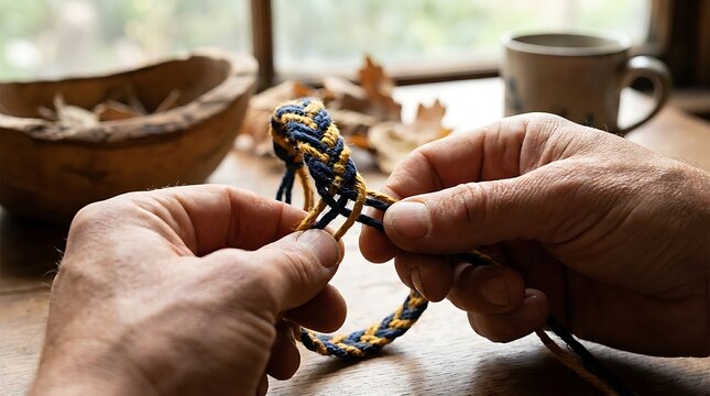 Closeup of hands weaving a blue and yellow rope bracelet on a wooden table with a bowl and mug in the background