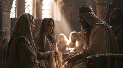 A king seated on a throne speaking with two women in a grand, sunlit ancient palace hall