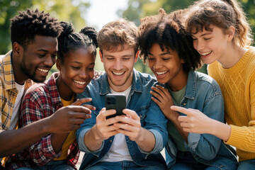 Fototapeta premium Diverse group of young multiracial friends look at smartphone screen together. Happy people smile, laugh sharing content on mobile phone outdoors. Gen Z students enjoy digital connection, social