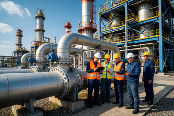 Naklejka premium Industry workers review plans near large pipes at a refinery complex. Men in safety vests and hard hats discuss charts, checking equipment for power generation and oil processing safety.