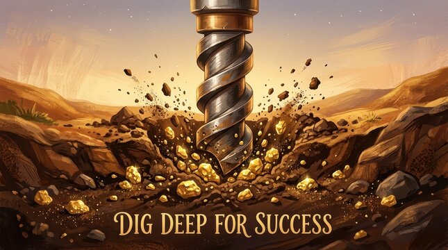 Heavy duty drill bit breaking ground, unearthing valuable gold nuggets in a desert landscape with a dramatic sunset sky, concept of hard work and rewa
