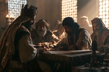 Fototapeta premium A king and his advisors in ancient attire consulting over maps and scrolls in a grand, dimly lit chamber