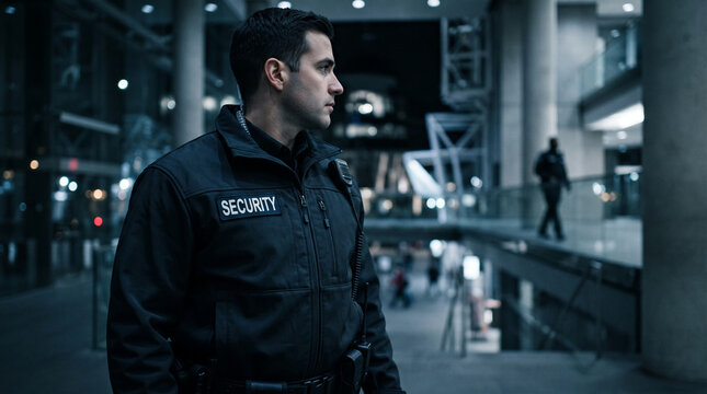 A security guard wearing a jacket with "SECURITY" displayed, representative of vigilance and public safety in a modern building.
