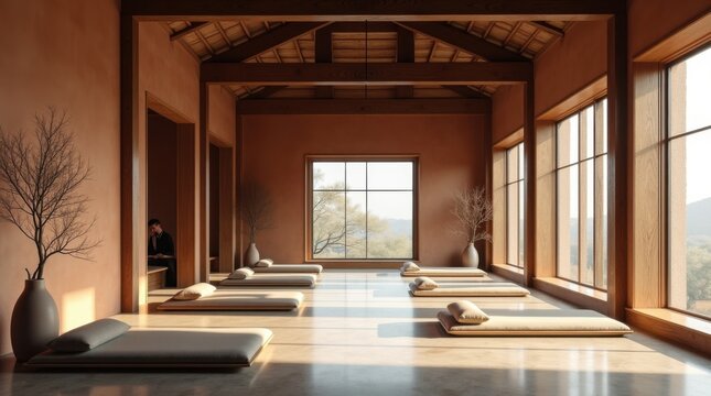 Estudio de bienestar de inspiraci&oacute;n japonesa con un impresionante techo de doble altura y vigas de madera natural oscura