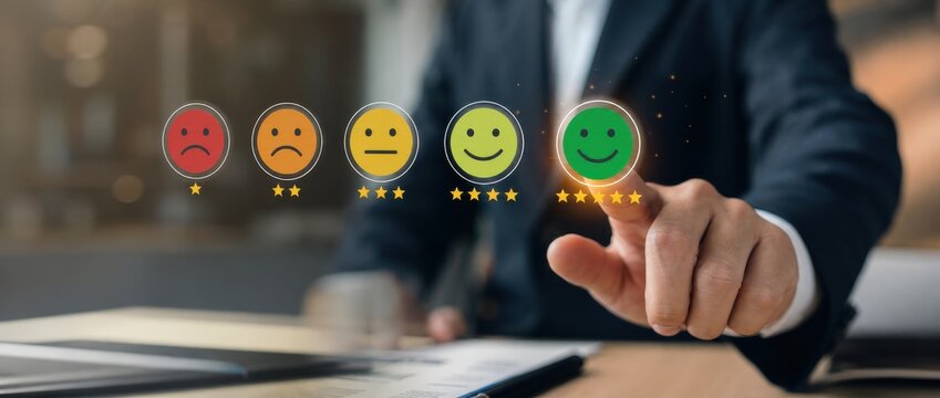 Customer Satisfaction Survey: Businessman hand interacting with a satisfaction rating symbol displaying positive evaluation elements 