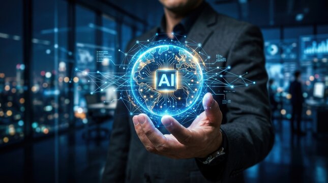 AI Innovation Machine Learning: Businessman hand holding a glowing global AI network icon connected with digital nodes 