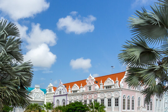 Oranjestad Aruba Dutch colonial architecture and tropical palm trees