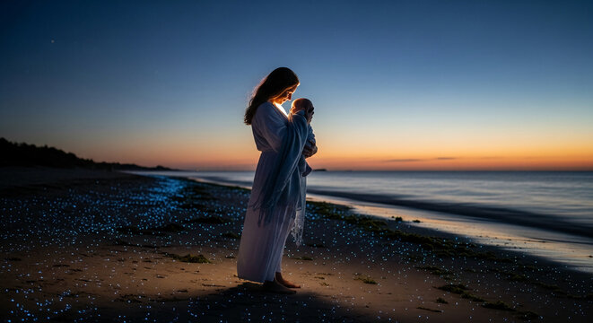 A mother holds a baby on a beach at twilight, surrounded by glowing plankton, symbolizing love, tenderness, and the magic of nature