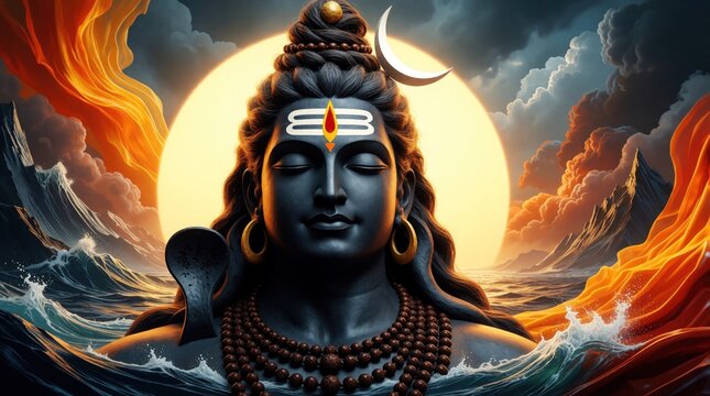 Lord Shiva meditates as waves crash. Crescent moon adorns his hair, third eye marks his forehead. Dramatic sky and ocean backdrop for this powerful Hindu deity.