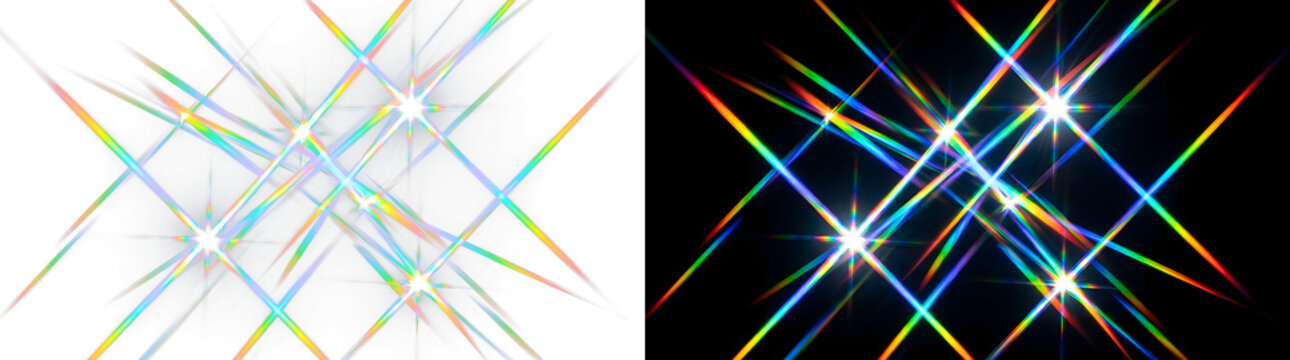 Holographic starburst sparkle effect. Rainbow light diffraction flare on transparent background