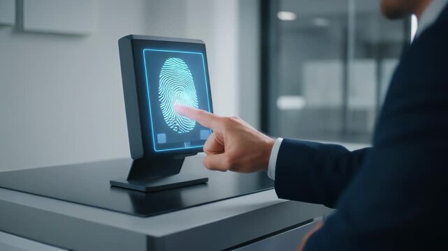 Businessman's hand touching biometric scanner screen for access control during office workday with sleek modern background