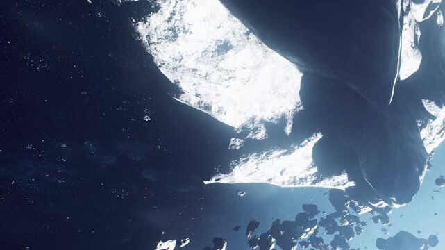 A large asteroid drifts in space, surrounded by smaller rocks. The scene shows a dark sky with distant stars. Light reflects off the surface of the asteroid.