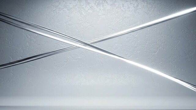 Abstract 3D animation of metallic silver lines crossing on textured white background.