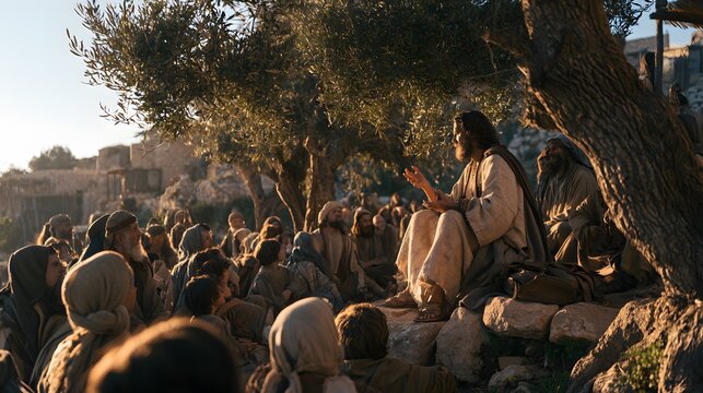Jesus christ teaching a large crowd of people outdoors under olive trees at sunset