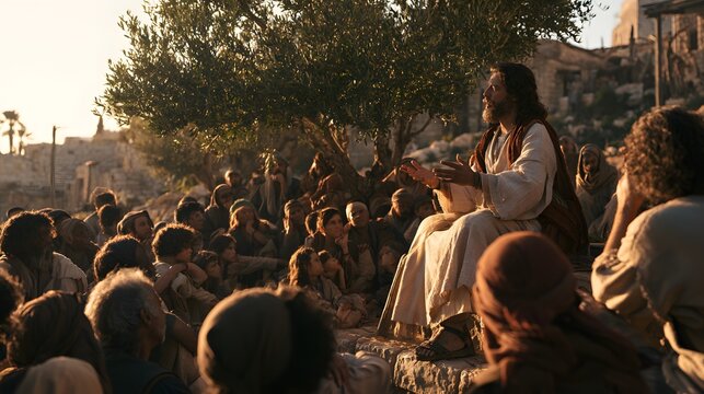Jesus christ teaching followers in an outdoor setting under trees at sunset